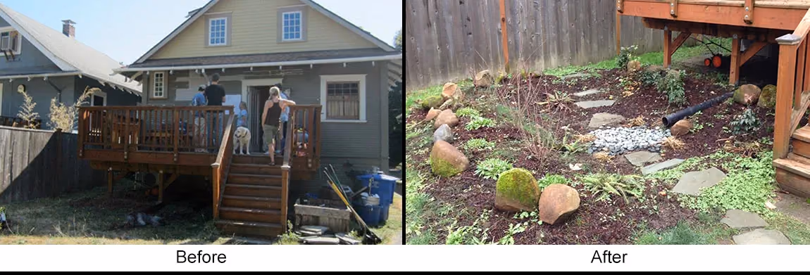Before and after: a corner of a garden turned into a rain garden (planted swale, pebbles, drainage).