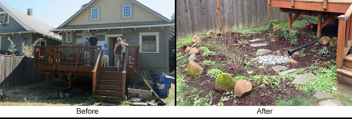 Avant / après : un coin de jardin transformé en jardin de pluie (noue plantée, galets, drainage).